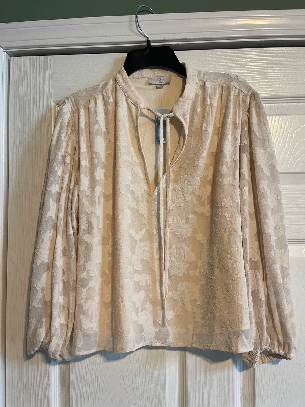 LOFT Cream Floral Jacquard Tie-Neck Blouse with Puff Sleeves